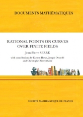 Alt text: Book cover titled "Rational Points on Curves over Finite Fields" by Jean-Pierre Serre, with contributions by Everett Howe, Joseph Oesterlé, and Christophe Ritzenthaler. The cover features a clean design with a white central panel bordered by yellow-orange bands. The series title "Documents Mathématiques" appears at the top, and the publisher "Société Mathématique de France" is listed at the bottom. A small decorative illustration of books and mathematical objects is centered below the title.