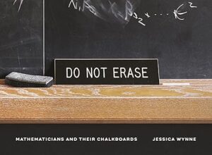 Cover of the book "Do Not Erase: Mathematicians and Their Chalkboards" by Jessica Wynne. The image shows a wooden chalk tray with an eraser and a sign reading “DO NOT ERASE” placed in front of a chalkboard filled with mathematical notations. The author’s name and subtitle appear in white text at the bottom.